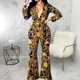 Bedruckter Jumpsuit mit V-Ausschnitt und Schnürung und langen Ärmeln